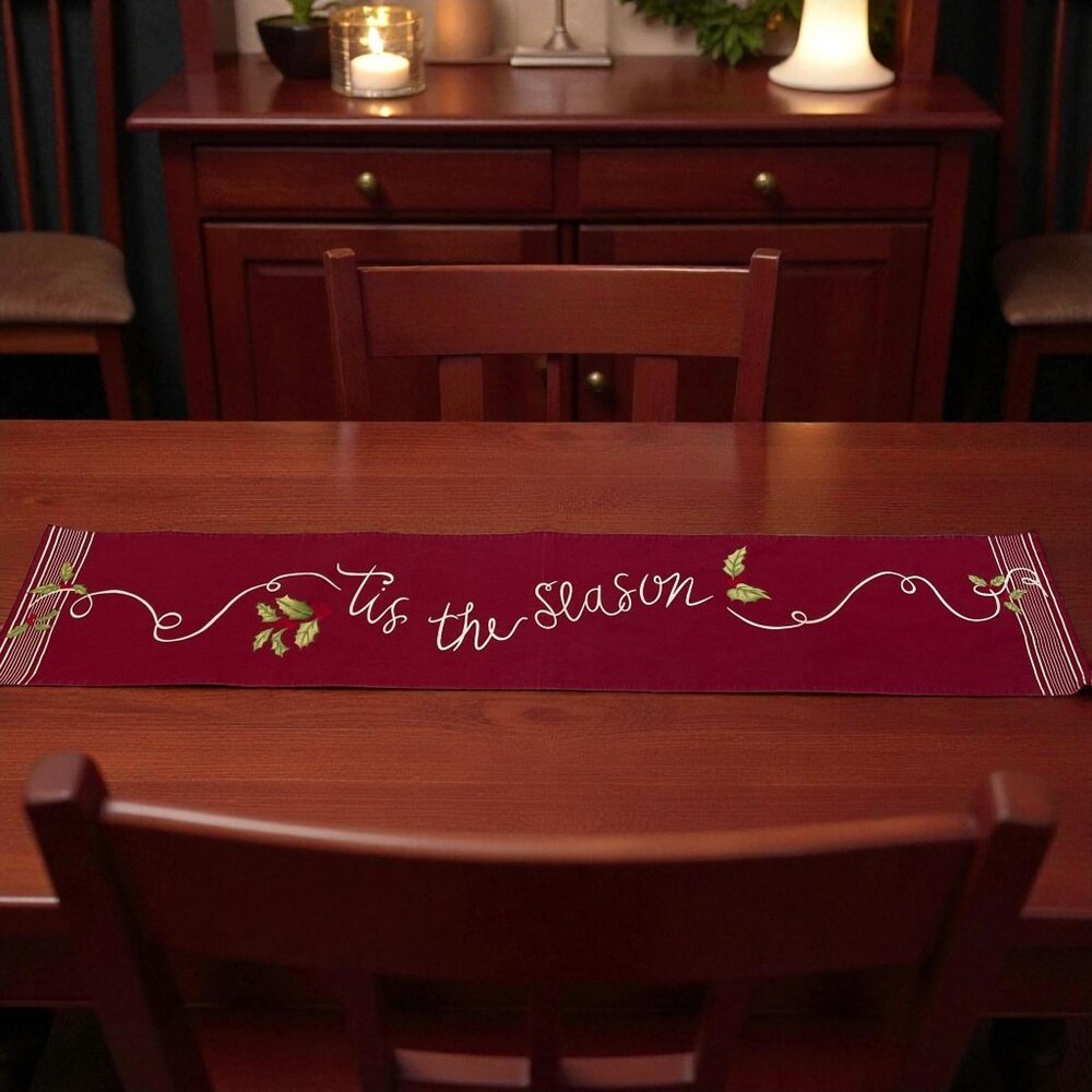 Tis The Season Table Runner Red‎ Holly Embroidered Christmas Holiday Cottagecore